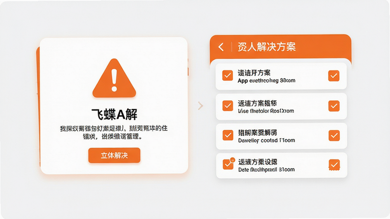 主体为“飞蝶”App的错误提示与解决界面,布局包含警告图标与解决方案列表,排版清晰,风格警示橙,细节处有勾选框示意,画质高清,干净,无多余元素