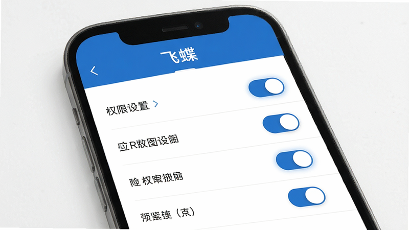 主体为“飞蝶”App的权限设置页面,布局为列表式,排版清晰,风格商务蓝,细节处有开关按钮的高亮显示,画质高清,干净,无多余元素