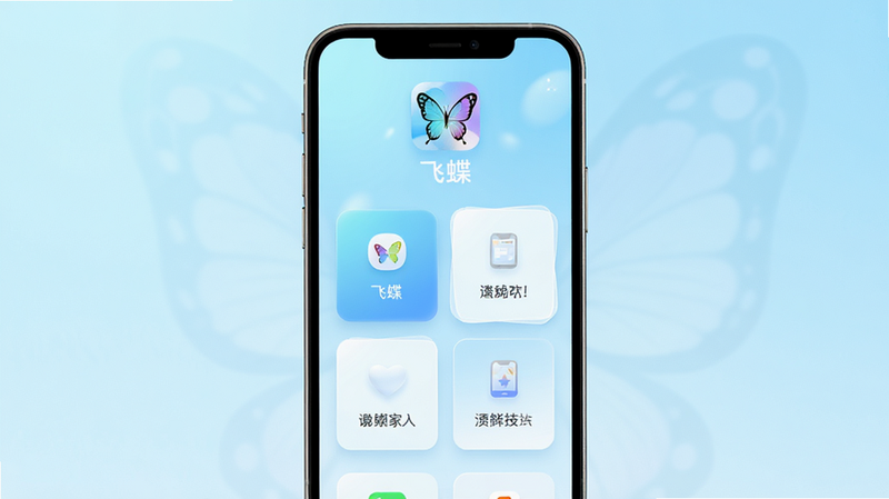 主体为一款名为“飞蝶”的手机App界面展示,布局采用居中对称式,顶部显示App图标与名称“飞蝶”,中部为核心功能模块卡片,背景为清新的浅蓝色渐变,风格现代简约,细节处有柔和的光影效果,画质高清,干净,无多余元素