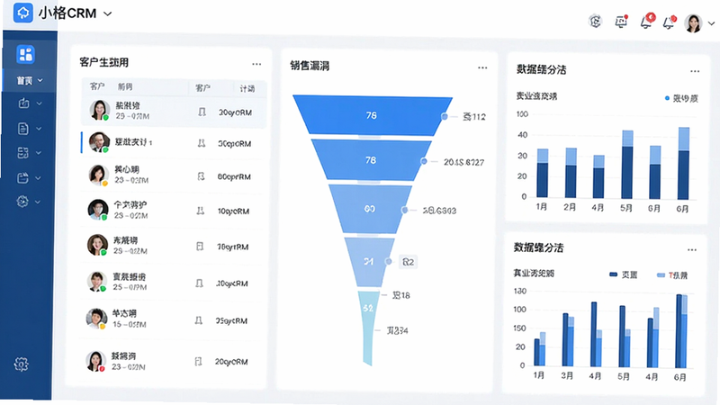 主体为小格CRM应用界面全景,布局清晰展示客户列表、销售漏斗及数据统计图表,排版采用扁平化设计风格,配色以科技蓝与白色为主,细节包含清晰的图标与文字标签,画质高清,干净,无多余元素