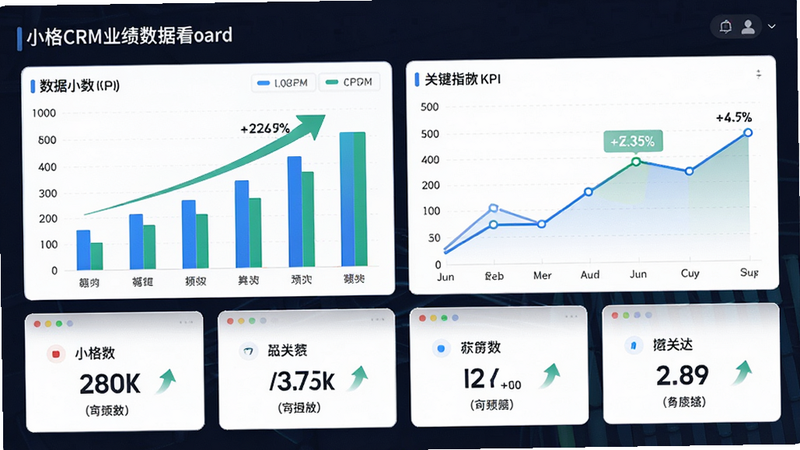 主体为小格CRM业绩数据看板,布局包含柱状图、折线图及关键指标KPI卡片,排版模块化分布,风格商务专业,细节包括数据增长箭头与百分比标注,画质清晰锐利,干净,无多余元素