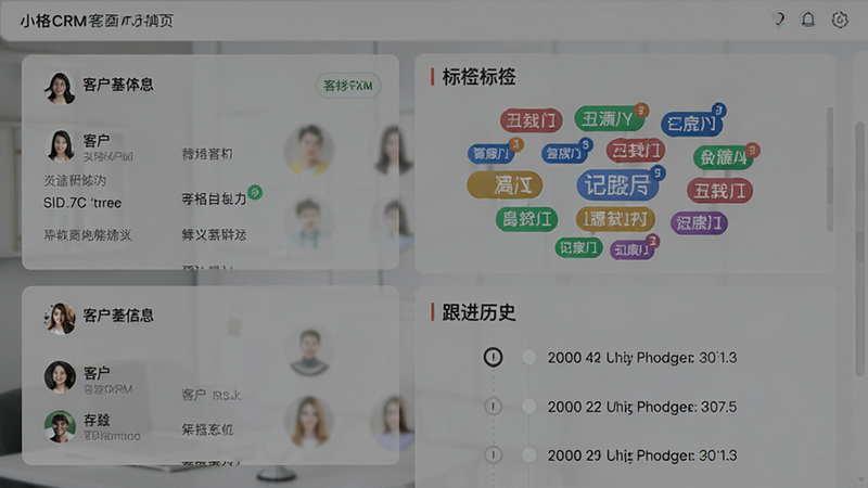主体为小格CRM客户画像详情页,布局左侧显示客户基本信息卡片,右侧展示标签云与跟进历史时间轴,排版紧凑有序,风格现代简约,细节包括高亮的标签颜色与时间戳,画质清晰,干净,无多余元素