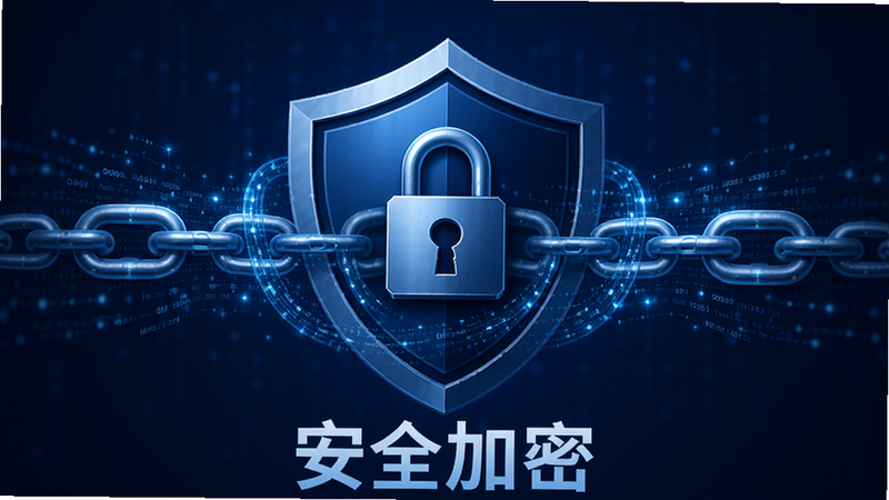 主体为安全盾牌图标与加密锁链,布局中心对称,排版庄重,风格深蓝色科技风,细节展示数据流被锁链包裹,画质高清,干净,无多余元素,文字“安全加密”