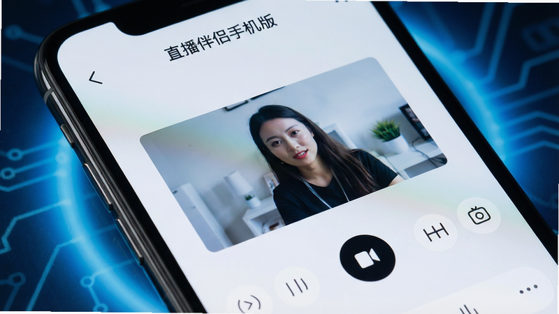 一张高清的智能手机屏幕特写,手机屏幕上显示着“直播伴侣手机版”的应用界面,界面中央是实时预览窗口,周围环绕着简洁的控制按钮,背景是柔和的科技感蓝色光晕,布局清晰,排版整齐,风格现代简约,细节精致,画质清晰,干净无多余元素