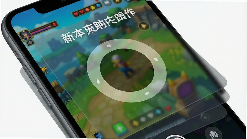 一张手机界面示意图,显示多个图层叠加的效果,底层是游戏画面,上层叠加了半透明的摄像头圆形窗口和文字标题,界面清晰,色彩鲜艳,布局合理,排版美观,风格现代,细节清晰,画质极佳,干净无多余元素