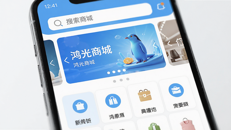 ����Ϊ�ֻ���Ļ��д����ʾ����̳�APP��ҳ���棬��������������Ϊ���������в�Ϊ�ֲ����ͼ���·�Ϊ����״��Ʒ����ͼ�꣬���Ϊ�ִ���ƽ��UI��ƣ�ɫ���԰�ɫ��ǳ��ɫΪ����ϸ�ڴ����ָ����ʸУ����ʸɾ����޶���Ԫ�أ����ְ���