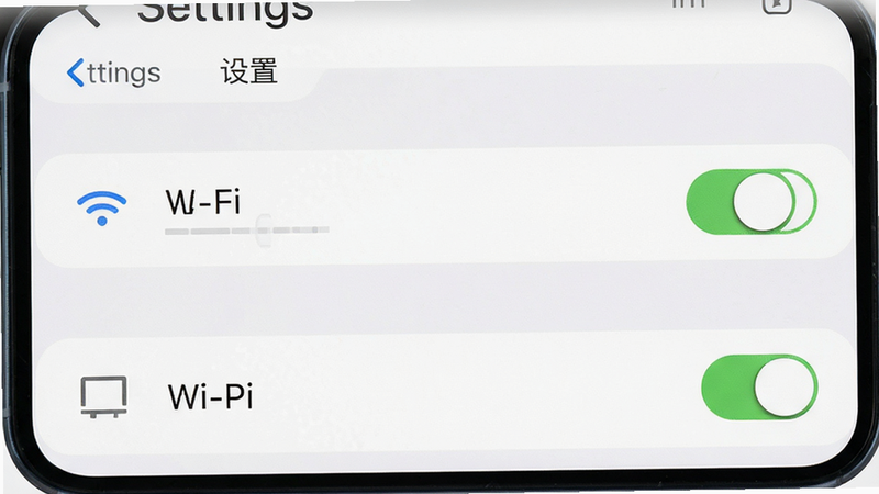 主体为手机设置界面,显示Wi-Fi连接状态与投屏开关,布局垂直排列,排版清晰,风格系统原生UI,细节包含开关按钮和网络信号格,画质清晰,干净,无多余元素,背景为白色,文字“设置”加引号