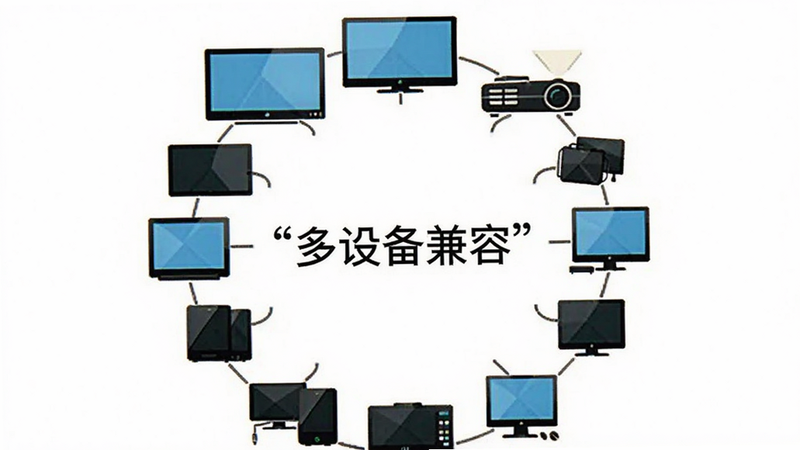 主体为多种电子设备连接示意图,布局环形,排版环绕,风格简约线条,细节包含电视、投影仪、电脑图标,画质矢量风格,干净,无多余元素,背景为白色,文字“多设备兼容”加引号