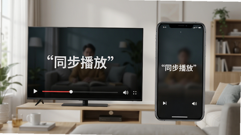 主体为电视屏幕与手机屏幕并排展示,布局对称,排版平衡,风格写实,细节包含播放进度条和音量图标,画质高保真,干净,无多余元素,背景为客厅环境,文字“同步播放”加引号