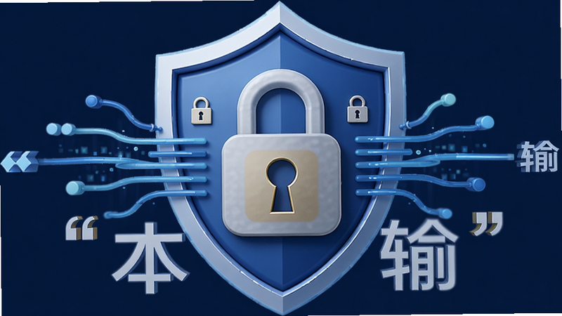 主体为锁形图标与数据流线条,布局中心对称,排版紧凑,风格安全盾牌造型,细节包含加密符号和盾牌轮廓,画质立体,干净,无多余元素,背景为深蓝色,文字“本地传输”加引号