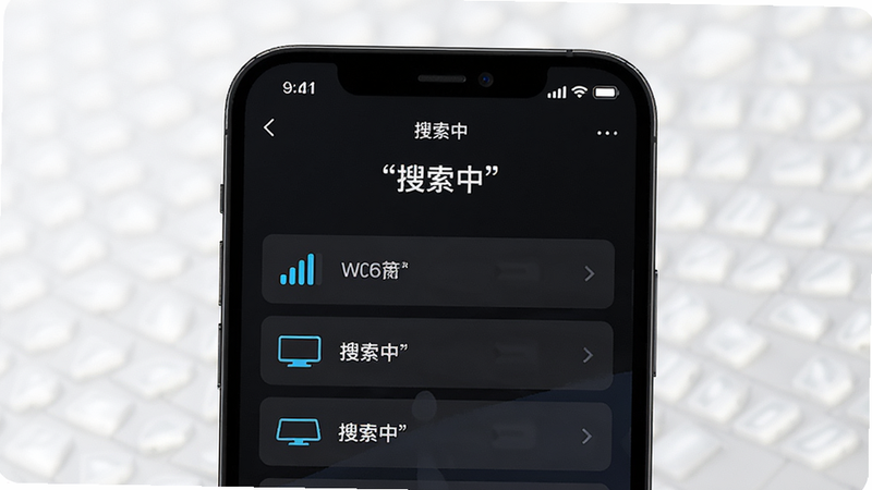 主体为手机屏幕界面,显示正在搜索电视设备的列表,布局清晰,排版整齐,风格科技感,细节包含信号强度图标和设备名称,画质清晰,干净,无多余元素,背景为深色模式,文字“搜索中”加引号