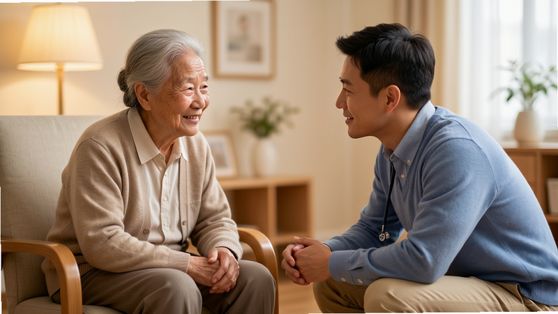 主体:阿强与患者温馨互动,布局:阿强蹲下身与坐在椅子上的老人交谈,排版:中景构图,风格:温暖治愈系,细节:老人感激的笑容,阿强温柔的倾听姿态,背景柔和的灯光,画质:高清,干净,无多余元素