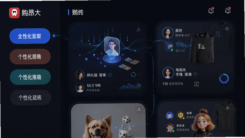 主体为购昂App的智能推荐界面示意图,布局呈现瀑布流结构,左侧为个性化标签,右侧为高相关性商品列表。排版紧凑且富有节奏感,风格科技感十足,细节展示数据流动效和用户画像图标,画质高清,干净,无多余元素