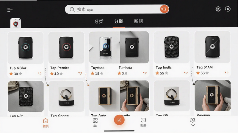 主体为购昂App的界面截图,布局采用居中对称设计,顶部显示搜索栏和分类导航,中间展示精美的商品卡片网格,底部为简洁的功能菜单。排版清晰有序,风格现代简约,细节处体现高清商品图片和流畅的交互逻辑,画质4K,干净,无多余元素
