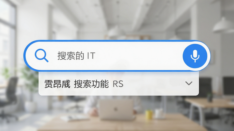 主体为购昂App的搜索功能演示图,布局聚焦于搜索框和即时下拉联想词,背景虚化以突出前景。排版突出搜索框的醒目位置,风格清新明亮,细节展示放大镜图标和语音输入按钮,画质细腻,干净,无多余元素