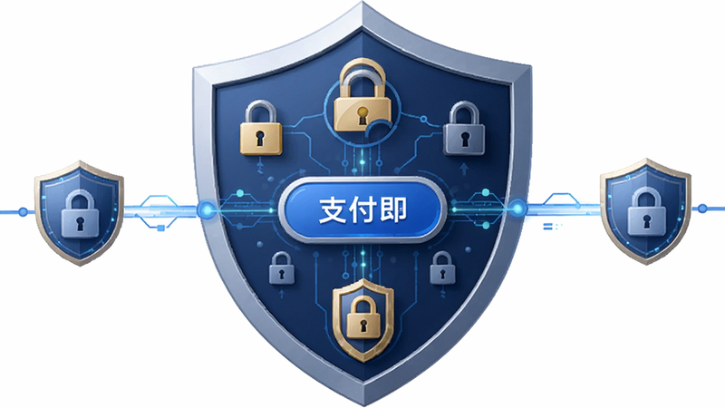 主体为购昂App的安全支付流程图解,布局呈盾牌形状,中心为支付按钮,周围环绕着加密锁图标和盾牌徽章。排版严谨对称,风格稳重可信,细节展示数据加密流动的线条,画质清晰,干净,无多余元素