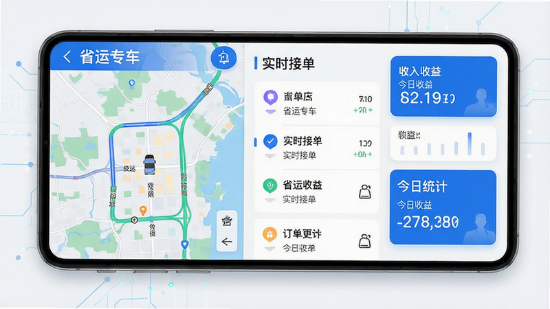 主体为省运专车App界面展示图,布局清晰,左侧显示实时路况地图,右侧显示订单列表与收入统计卡片,排版整洁有序,风格为现代科技感扁平化设计,细节包含蓝色主色调按钮与白色背景,画质高清,干净,无多余元素,文字内容包含“省运专车”、“实时接单”、“今日收益”
