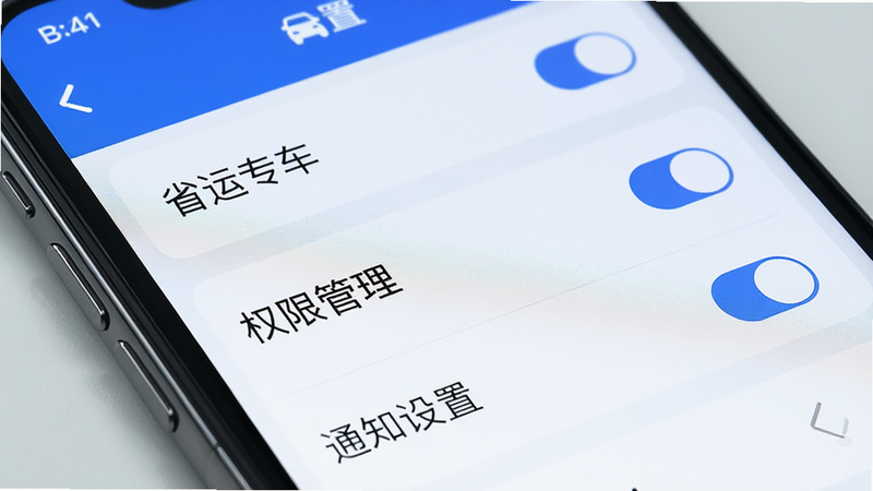 主体为手机屏幕特写,显示省运专车App设置界面,布局为列表式,排版整齐,风格为极简科技风,细节包含开关按钮与选项文字,画质高清,干净,无多余元素,文字内容包含“省运专车”、“权限管理”、“通知设置”