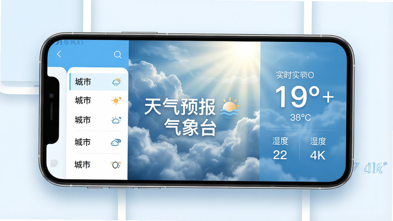 一张高质量UI设计图,主体为手机应用界面,屏幕中央显示“天气预报气象台”字样,背景为动态云层与阳光穿透效果,布局清晰,左侧为城市列表,右侧为实时温度与湿度大字体显示,风格为现代极简主义,色彩以天蓝色与白色为主,细节处有柔和阴影,画质4k,干净,无多余元素