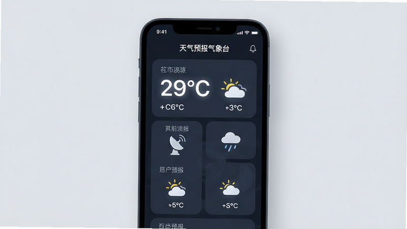 一张视觉风格展示图,主体为“天气预报气象台”APP的深色模式界面,背景为深灰蓝色,文字为高亮白色,突出显示温度数字与天气图标,布局居中对称,风格为高端简约,细节处有微光效果,画质锐利,干净,无多余元素