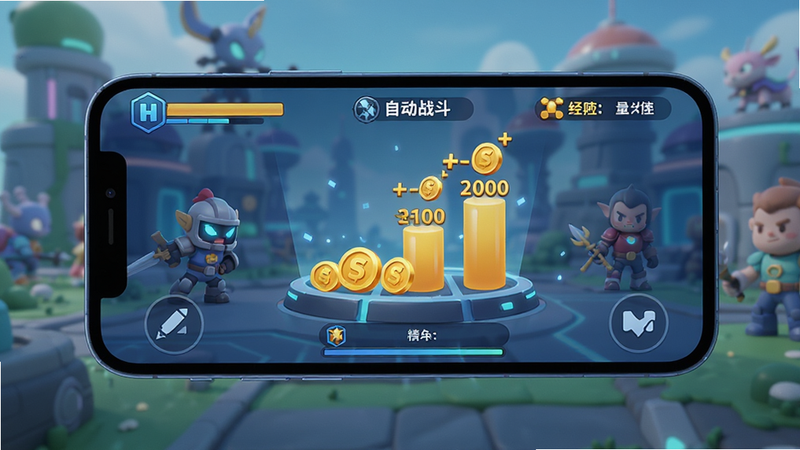 手机屏幕界面展示,显示自动战斗界面,金币和经验值不断跳动增加,背景模糊处理,突出UI界面设计,简洁现代,科技感与卡通结合,高清渲染