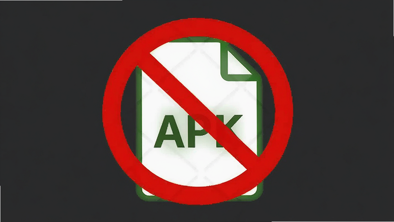 一个红色的禁止符号叠加在APK文件图标上,背景为深灰色,象征警告和禁止,简洁有力,传达安全警示信息,高清矢量风格