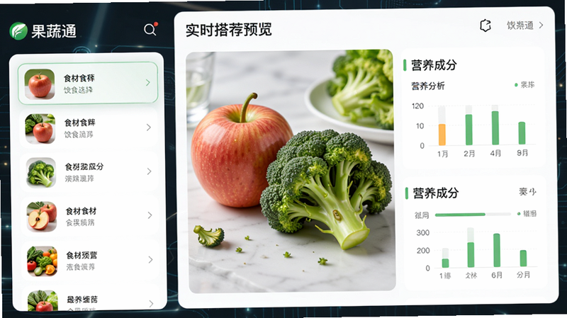 ����Ϊ������ͨ��APP�ڵ���ʳ�Ƽ�ҳ�棬�������Ϊʳ��ѡ���б����Ҳ�Ϊʵʱ���ɵĴ��䷽��Ԥ��������ִ��Ƽ��У�ϸ��չʾƻ�����������ȸ���ʳ��ͼƬ���Լ�Ӫ���ɷַ���ͼ���������������Ű����룬�޶������Ԫ��
