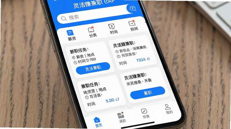 主体为手机屏幕显示的“灵活赚兼职”APP界面,布局清晰,顶部有搜索栏和分类图标,中间展示多个兼职任务卡片,包含薪资、地点、时间等信息,底部为导航栏。排版整洁,风格为扁平化现代设计,细节处有蓝色高亮按钮。画质高清,干净,无多余元素,文字“灵活赚兼职”清晰可见。