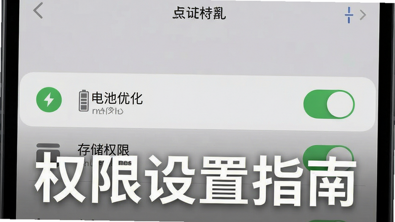 主体为手机设置界面截图,高亮显示“电池优化”和“存储权限”选项,布局清晰,排版整齐,风格为扁平化设计,细节如开关状态与图标,画质清晰,干净背景,画面中有文字