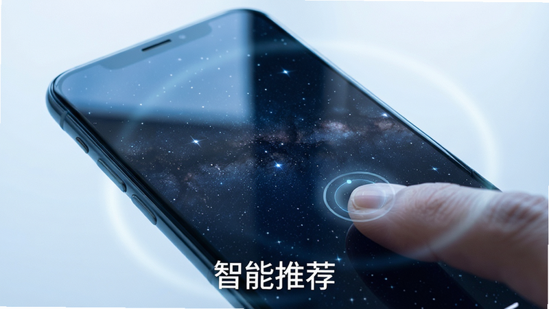 主体为手机屏幕特写,屏幕上显示着深邃的星空界面,周围环绕着柔和的光晕,布局居中,排版清晰,风格为现代科技风,细节如屏幕反光与手指触控点,画质高清,干净背景,画面下方有文字