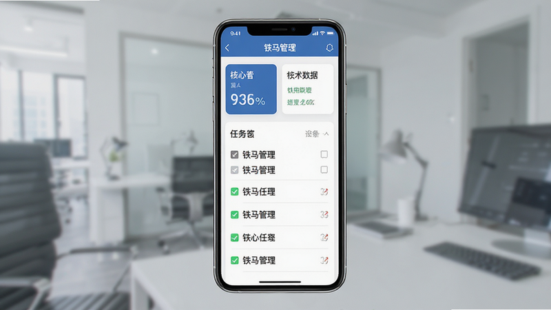 主体为铁马管理App的手机界面展示,布局为居中单屏显示,排版清晰整洁,风格为现代商务扁平化,细节包括顶部导航栏、核心数据卡片、列表式任务清单,画质4k高清,干净无多余元素,文字显示“铁马管理”