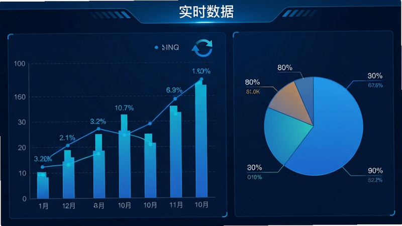主体为数据可视化分析界面,布局为左右分栏,左侧为柱状图趋势,右侧为饼图占比,排版紧凑有序,风格为科技感蓝色调,细节包含数据标签、坐标轴、动态刷新图标,画质清晰,干净,文字显示“实时数据”
