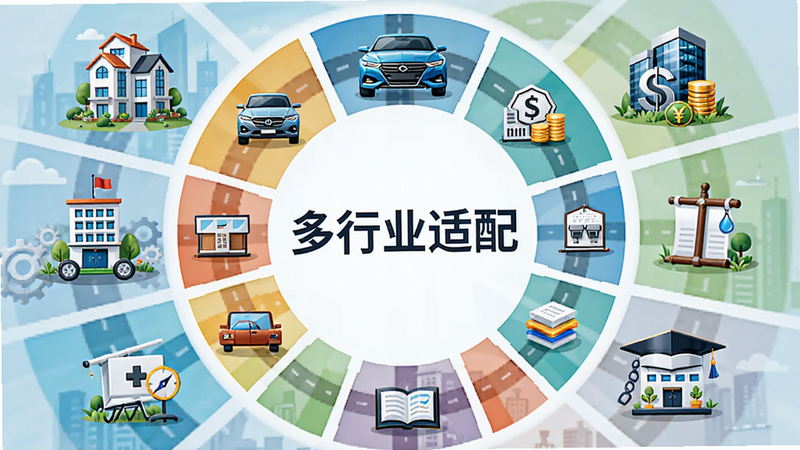 主体为多行业应用场景插画,布局为环形排列,排版均衡对称,风格为商务插画风,细节包含房地产、汽车、金融、教育等图标元素,画质高清,干净,文字显示“多行业适配”