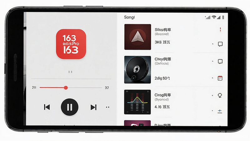 主体为163音乐Pro安卓应用界面全景展示,布局采用左右分栏式,左侧为播放控制区,右侧为歌单列表,排版简洁现代,风格为扁平化科技风,细节包含红色Logo图标、进度条、均衡器曲线,画质高清8K,干净无多余元素
