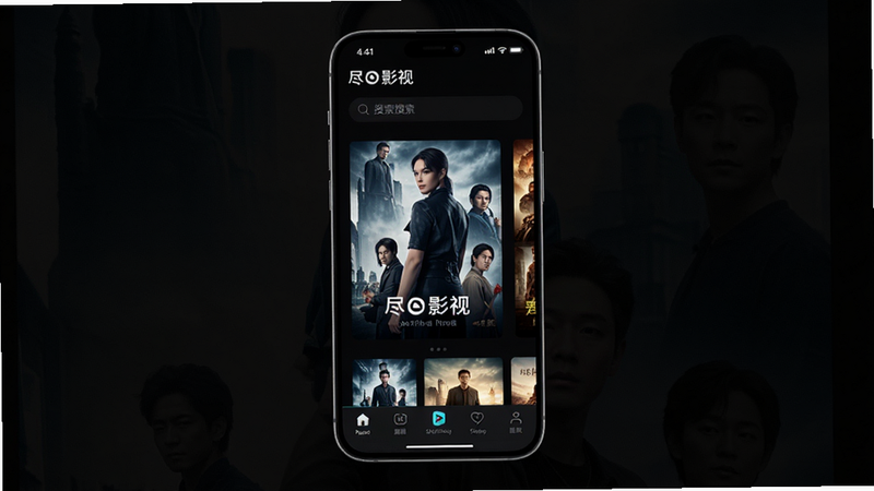 主体为手机屏幕界面,背景为深色沉浸式模式,中央展示“尽影视”APP的主界面,布局清晰,顶部有搜索栏,中部为高清电影海报网格,底部为导航栏,风格现代简约,细节处体现高清画质,无多余元素,干净明亮,4k分辨率