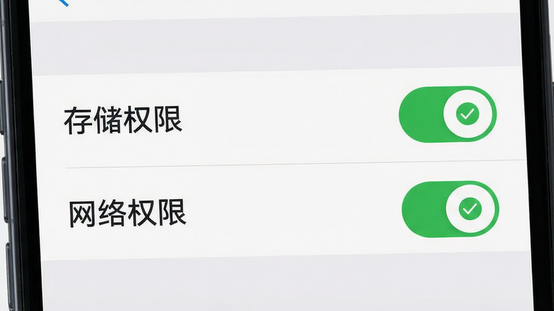 主体为手机设置界面,高亮显示“存储权限”和“网络权限”开关,布局清晰,风格扁平化,细节处有绿色对勾图标表示已开启,背景浅灰色,干净无多余文字,高清UI设计