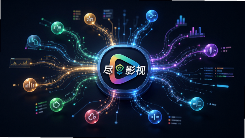 主体为抽象的数据流连接图,中心是“尽影视”的Logo,周围环绕着多个不同颜色的数据节点,线条流畅连接,布局呈放射状,风格科技感强,细节处有流动的光效,代表数据的高速传输,干净背景,无文字干扰,高清质感