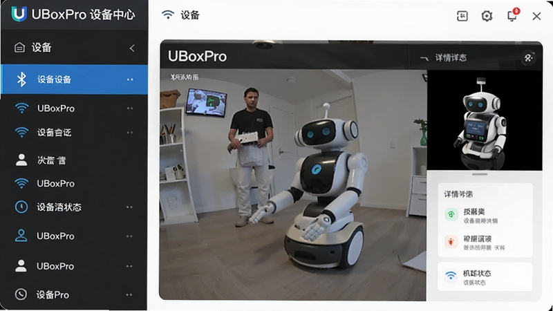 主体为 UBoxPro 设备管理界面,布局左侧为设备列表,右侧为详情预览,展示摄像头实时画面和机器人状态,排版清晰,风格为扁平化设计,细节处有蓝牙和 Wi-Fi 连接图标,画质清晰,干净,文字标注