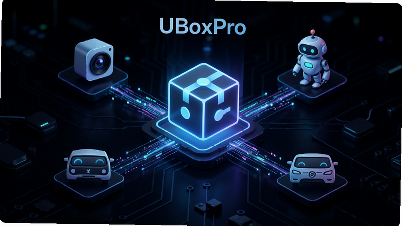 主体为 UBoxPro 软件界面,布局采用深色科技风背景,中央悬浮一个发光的智能盒子图标,周围环绕摄像头、机器人、车机等设备图标,排版简洁现代,风格为赛博朋克极简主义,细节展示数据流动的光效,画质高清,干净无多余元素,文字标注