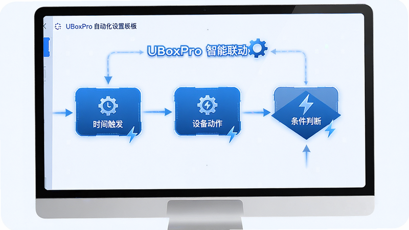 主体为 UBoxPro 自动化设置页面,布局为流程图形式,节点包括