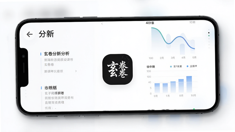 主体为手机屏幕界面展示,布局简洁现代,排版清晰,风格扁平化,细节处显示文字分析图表与“玄卷”Logo,画质高清,干净无多余元素,文字内容包含“玄卷”