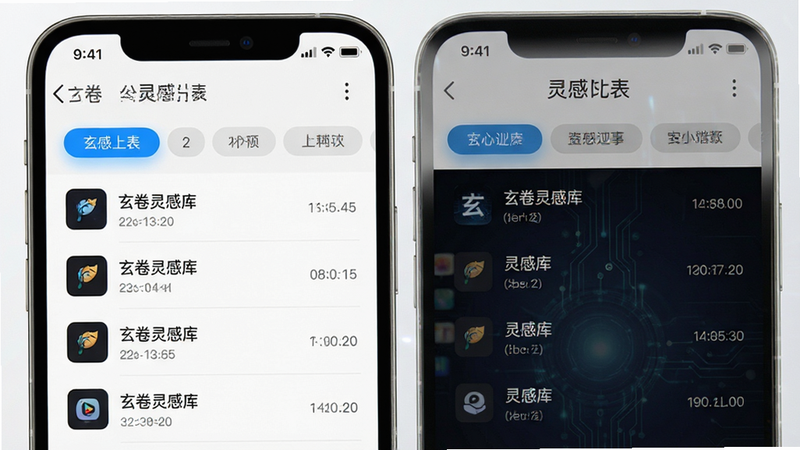 主体为手机界面截图,展示灵感列表与标签页,布局左右分栏,排版整齐,风格极简科技风,细节显示高亮选中的标签与时间戳,画质清晰,干净,文字内容包含“玄卷 灵感库”