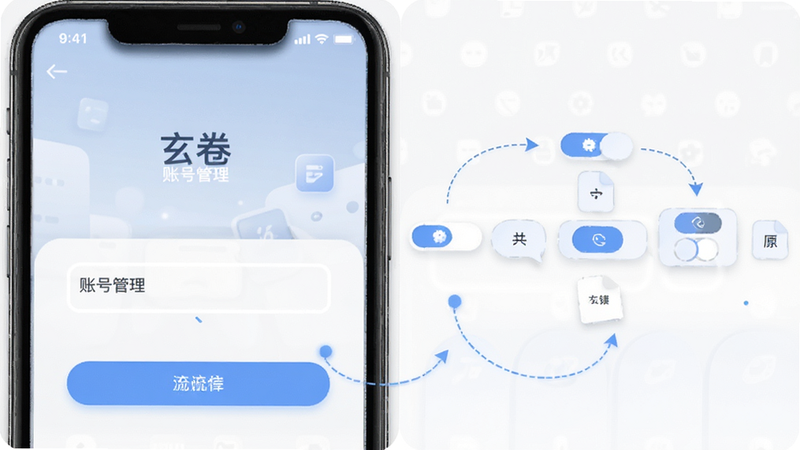 主体为手机登录界面与账号切换流程图,布局上下结构,排版简洁,风格现代,细节显示输入框与切换箭头,画质清晰,干净,文字内容包含“玄卷 账号管理”