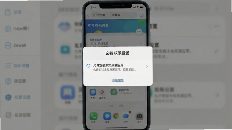 主体为手机设置界面与权限弹窗,布局居中,排版清晰,风格扁平,细节显示“允许安装未知来源应用”选项,画质高清,干净,文字内容包含“玄卷 权限设置”
