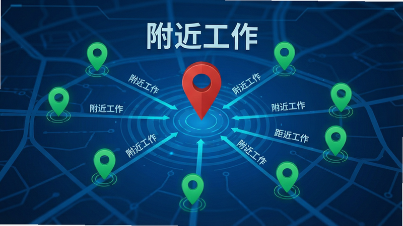 主体为地图界面,中心有一个红色定位针,周围分布着多个绿色标记点代表岗位,布局呈放射状,风格为科技感蓝色背景,细节包含距离标注,文字“附近工作”醒目,画质高清,干净,无多余元素