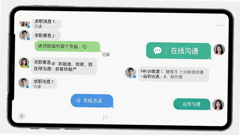 主体为聊天对话框界面,左侧为求职者消息,右侧为HR回复,布局左右对称,风格为简洁白色背景,细节包含“已读”状态和语音气泡,文字“在线沟通”突出,画质高清,干净,无多余元素