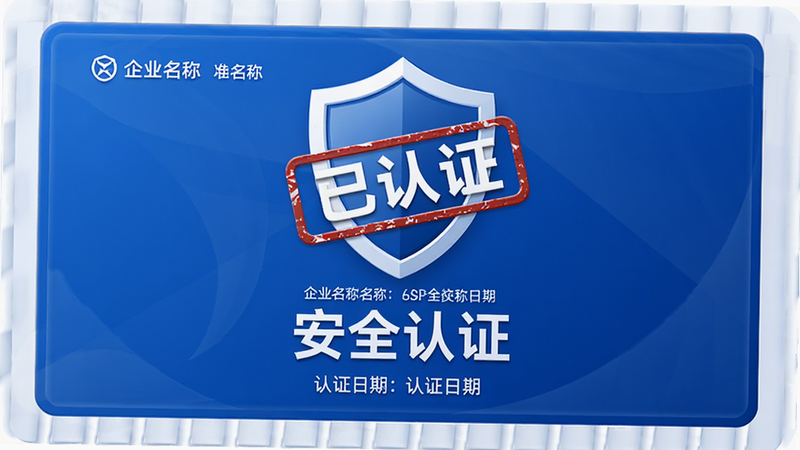 主体为企业认证卡片,中间有盾牌图标和“已认证”印章,布局居中,风格为蓝色信任感配色,细节包含企业名称和认证日期,文字“安全认证”清晰,画质高清,干净,无多余元素