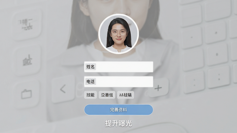 主体为个人资料编辑页面,中间为圆形头像框,下方为姓名、电话、技能标签输入框,布局整齐,风格为简约白色,细节包含“完善资料”按钮,文字“提升曝光”醒目,画质高清,干净,无多余元素