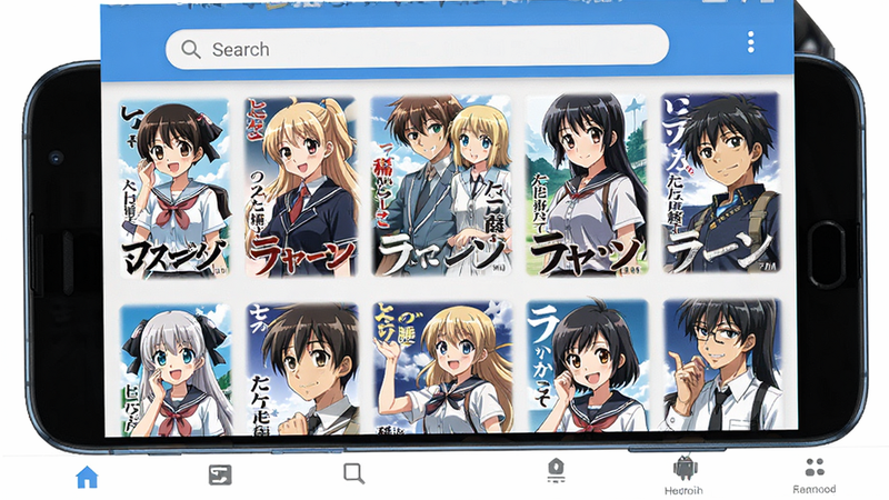 稀饭动漫 Next 安卓应用主界面预览图,主体为手机屏幕,布局整洁,顶部搜索栏,中部网格状动漫封面缩略图,底部导航栏,风格为扁平化UI,色调清新蓝白搭配,细节处显示高清画质,无多余元素,干净,4k分辨率