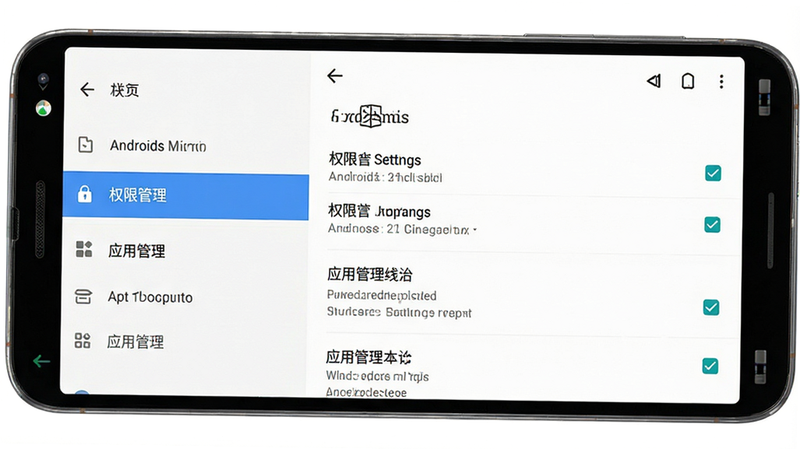 手机设置界面示意图,主体为安卓系统设置页,高亮显示“权限管理”和“应用管理”选项,布局侧边栏加内容区,风格简洁明了,细节体现勾选状态,干净,无杂乱图标,高清